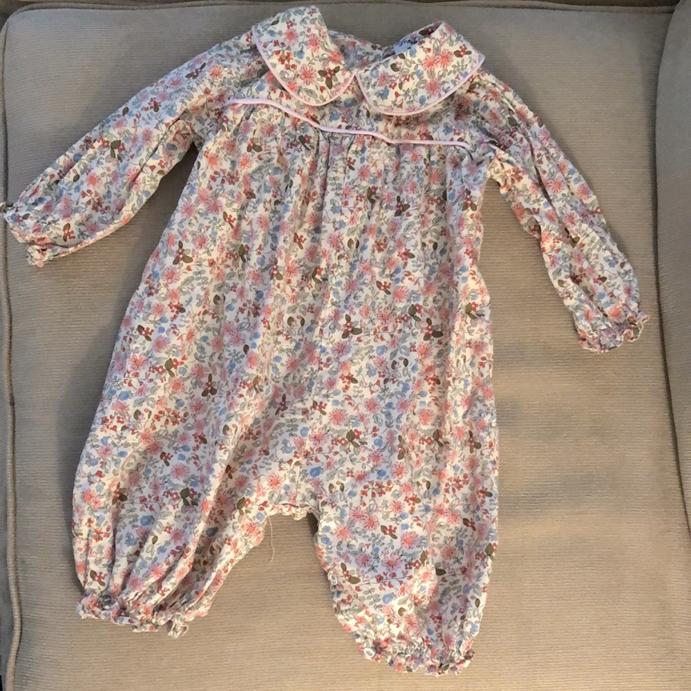 Smockingbird pink liberty floral Longall romper